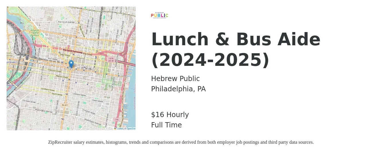 Hebrew Public job posting for a Lunch & Bus Aide (2024-2025) in Philadelphia, PA with a salary of $17 Hourly with a map of Philadelphia location.