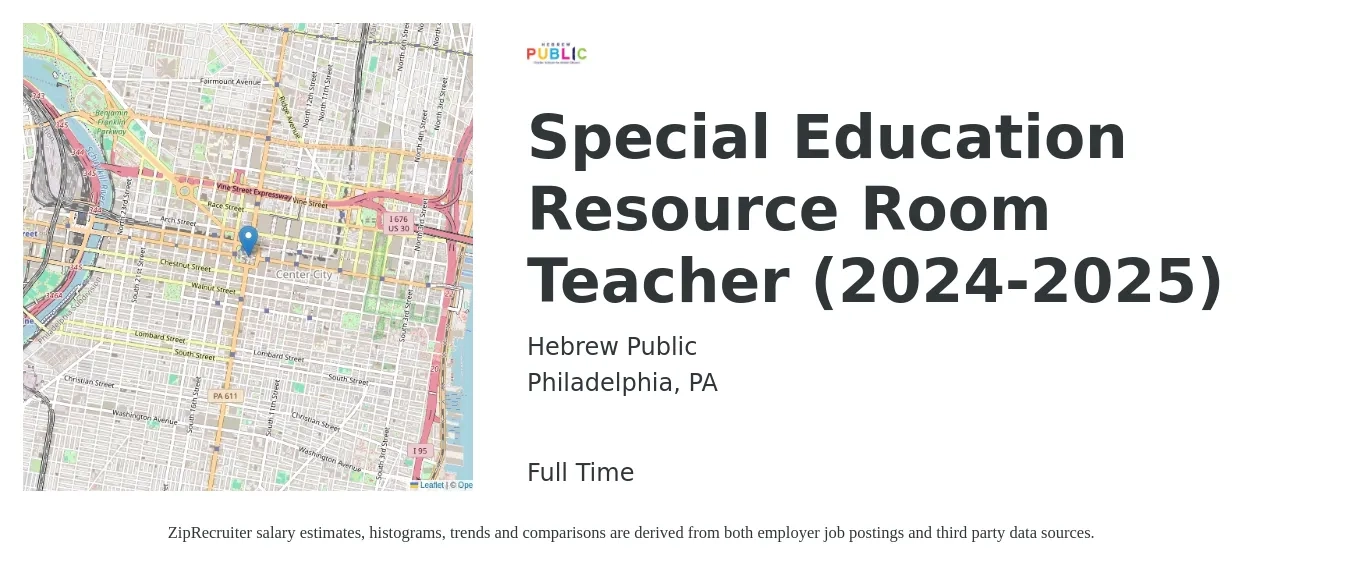 Hebrew Public job posting for a Special Education Resource Room Teacher (2024-2025) in Philadelphia, PA with a salary of $50,500 to $66,600 Yearly with a map of Philadelphia location.