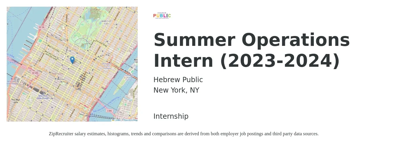 Hebrew Public job posting for a Summer Operations Intern (2023-2024) in New York, NY with a salary of $17 to $22 Hourly with a map of New York location.