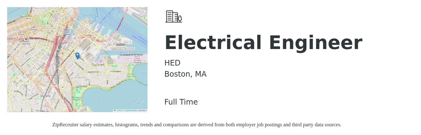 HED job posting for a Electrical Engineer in Boston, MA with a salary of $89,900 to $143,000 Yearly with a map of Boston location.