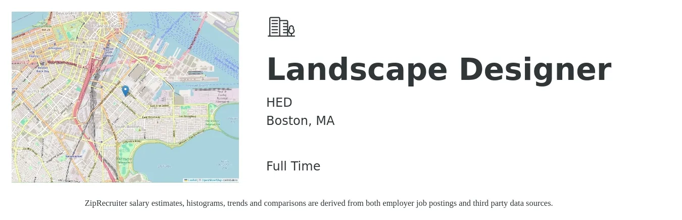 HED job posting for a Landscape Designer in Boston, MA with a salary of $57,400 to $80,200 Yearly with a map of Boston location.