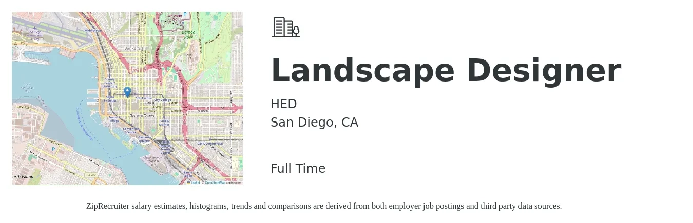 HED job posting for a Landscape Designer in San Diego, CA with a salary of $56,300 to $78,600 Yearly with a map of San Diego location.
