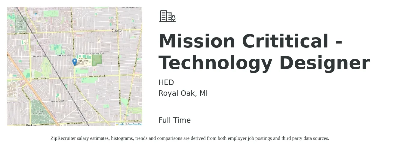 HED job posting for a Mission Crititical - Technology Designer in Royal Oak, MI with a salary of $54,200 to $101,800 Yearly with a map of Royal Oak location.