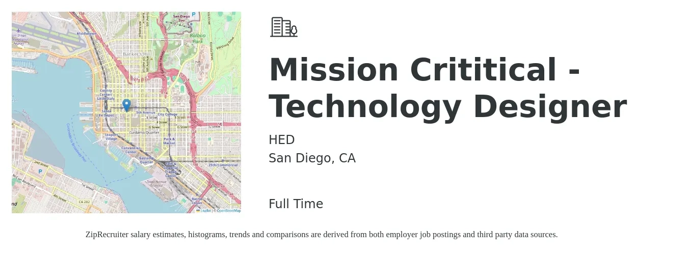 HED job posting for a Mission Crititical - Technology Designer in San Diego, CA with a salary of $61,600 to $115,700 Yearly with a map of San Diego location.