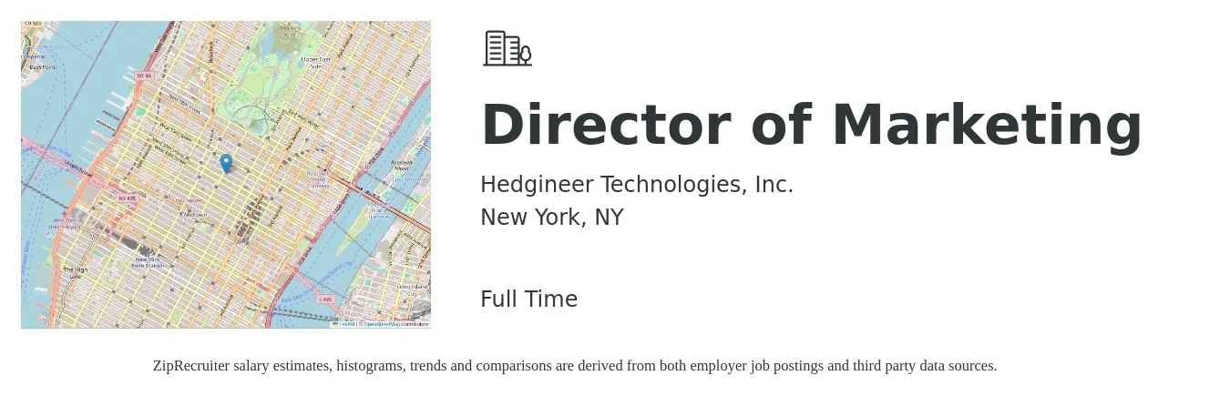 Hedgineer Technologies, Inc. job posting for a Director of Marketing in New York, NY with a salary of $78,700 to $144,700 Yearly with a map of New York location.