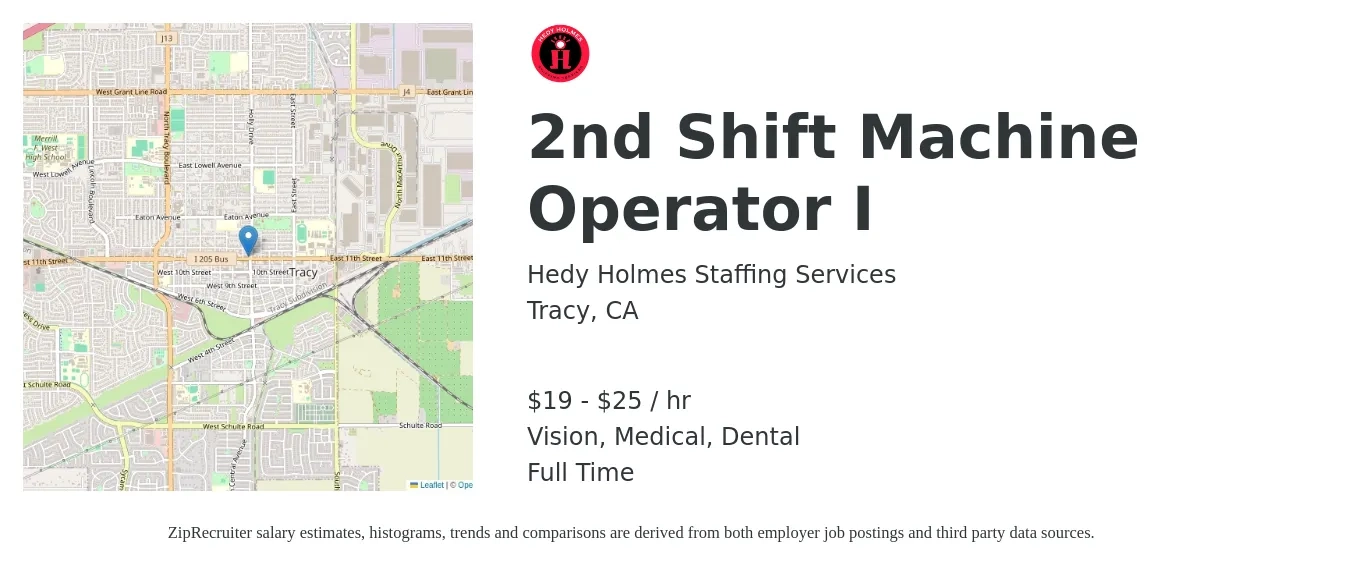Hedy Holmes Staffing Services job posting for a 2nd Shift Machine Operator I in Tracy, CA with a salary of $20 to $26 Hourly and benefits including vision, dental, life_insurance, medical, and retirement with a map of Tracy location.
