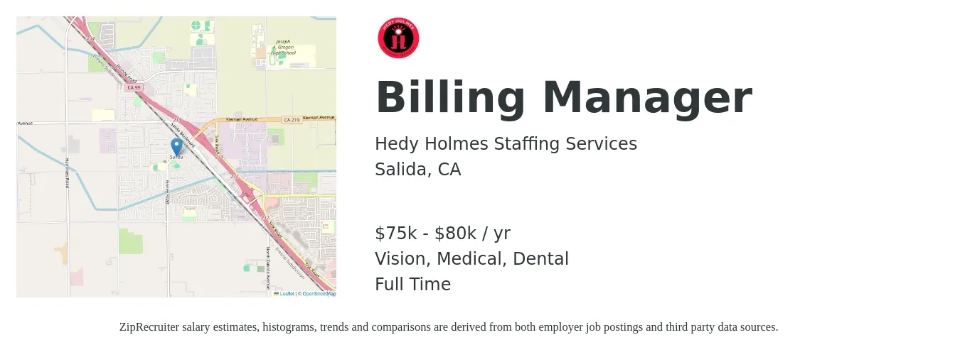 Hedy Holmes Staffing Services job posting for a Billing Manager in Salida, CA with a salary of $75,000 to $80,000 Yearly with a map of Salida location.