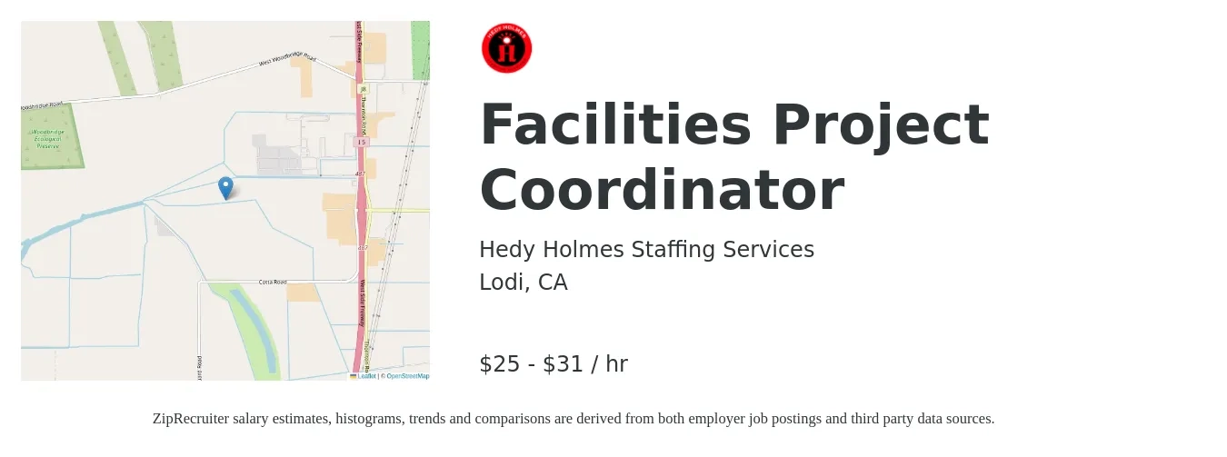 Hedy Holmes Staffing Services job posting for a Facilities Project Coordinator in Lodi, CA with a salary of $26 to $33 Hourly with a map of Lodi location.
