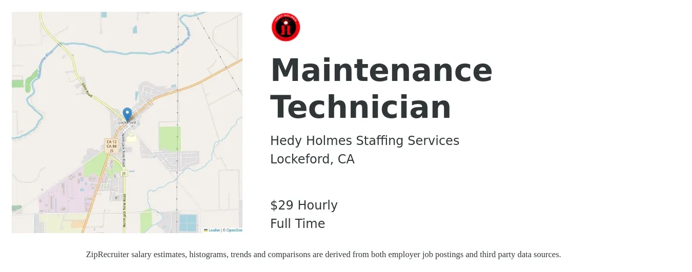 Hedy Holmes Staffing Services job posting for a Maintenance Technician in Lockeford, CA with a salary of $31 Hourly with a map of Lockeford location.
