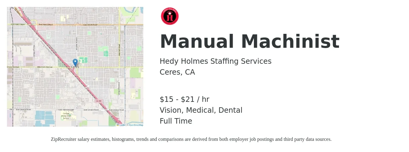 Hedy Holmes Staffing Services job posting for a Manual Machinist in Ceres, CA with a salary of $16 to $22 Hourly with a map of Ceres location.