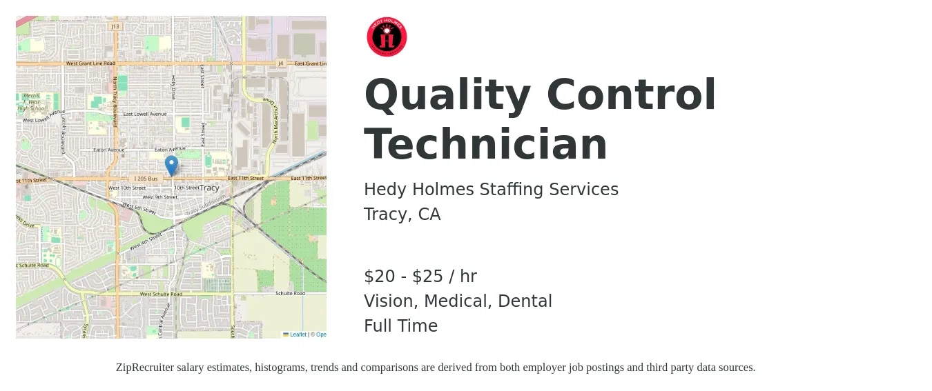 Hedy Holmes Staffing Services job posting for a Quality Control Technician in Tracy, CA with a salary of $21 to $26 Hourly and benefits including dental, life_insurance, medical, retirement, and vision with a map of Tracy location.