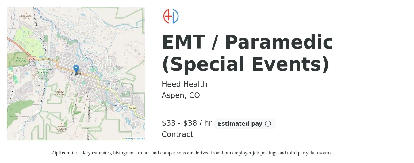 Heed Health job posting for a EMT / Paramedic (Special Events) in Aspen, CO with a salary of $30 to $40 Hourly with a map of Aspen location.