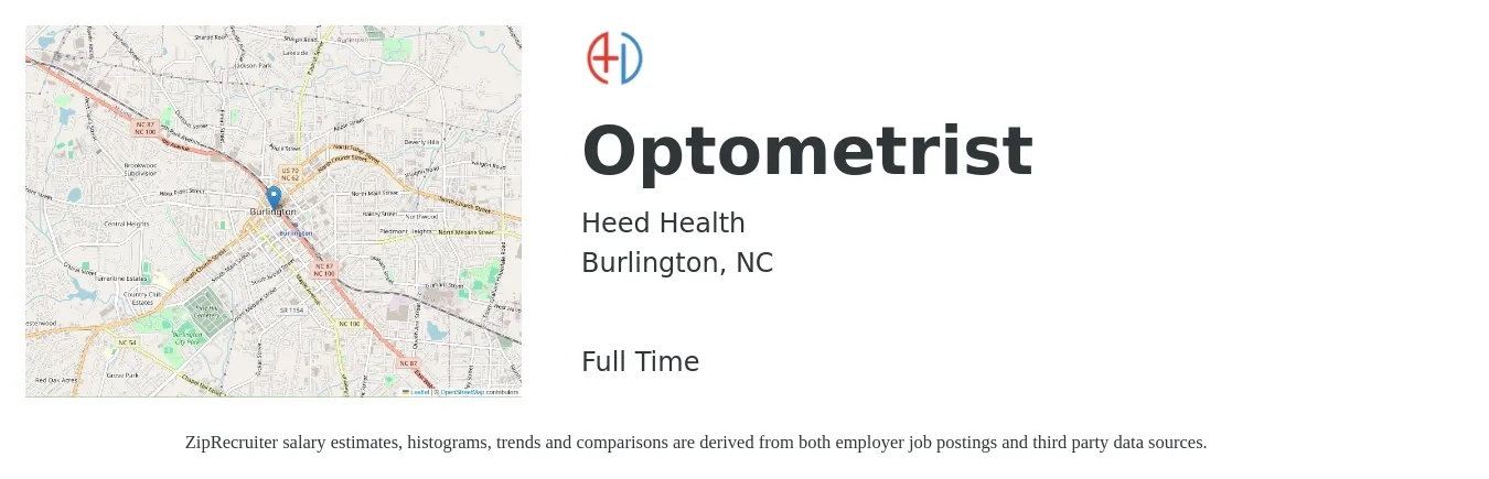 Heed Health job posting for a Optometrist in Burlington, NC with a salary of $81,800 to $121,900 Yearly with a map of Burlington location.