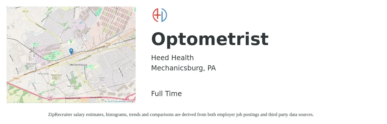 Heed Health job posting for a Optometrist in Mechanicsburg, PA with a salary of $92,900 to $138,400 Yearly with a map of Mechanicsburg location.