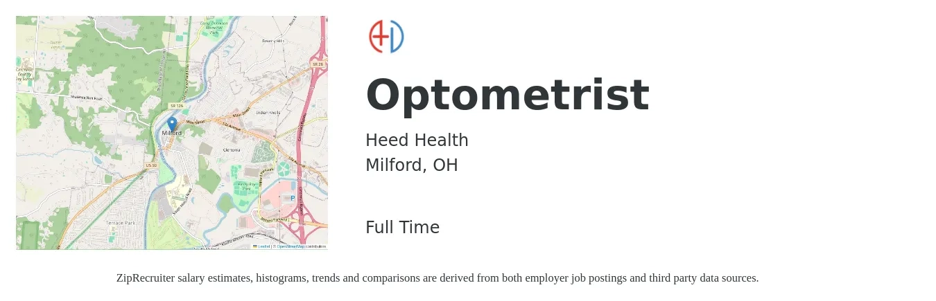 Heed Health job posting for a Optometrist in Milford, OH with a salary of $85,200 to $127,000 Yearly with a map of Milford location.
