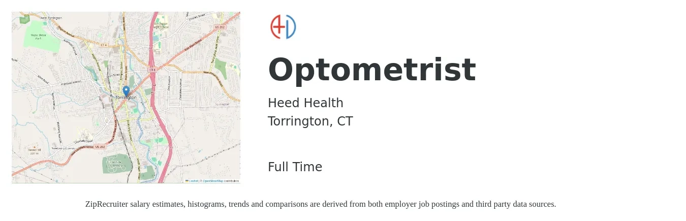 Heed Health job posting for a Optometrist in Torrington, CT with a salary of $96,700 to $144,100 Yearly with a map of Torrington location.