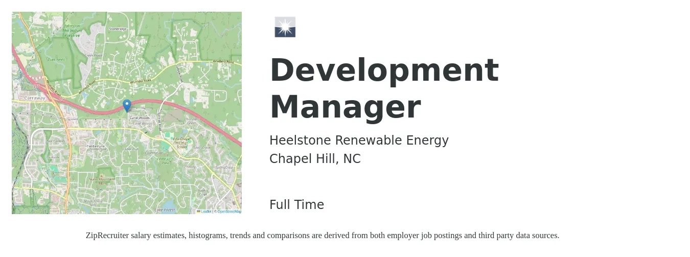 Heelstone Renewable Energy job posting for a Development Manager in Chapel Hill, NC with a salary of $48,600 to $75,100 Yearly with a map of Chapel Hill location.