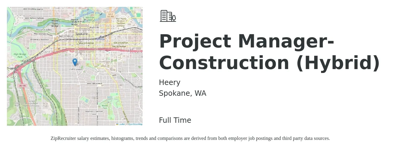 Heery job posting for a Project Manager- Construction (Hybrid) in Spokane, WA with a salary of $75,800 to $120,300 Yearly with a map of Spokane location.