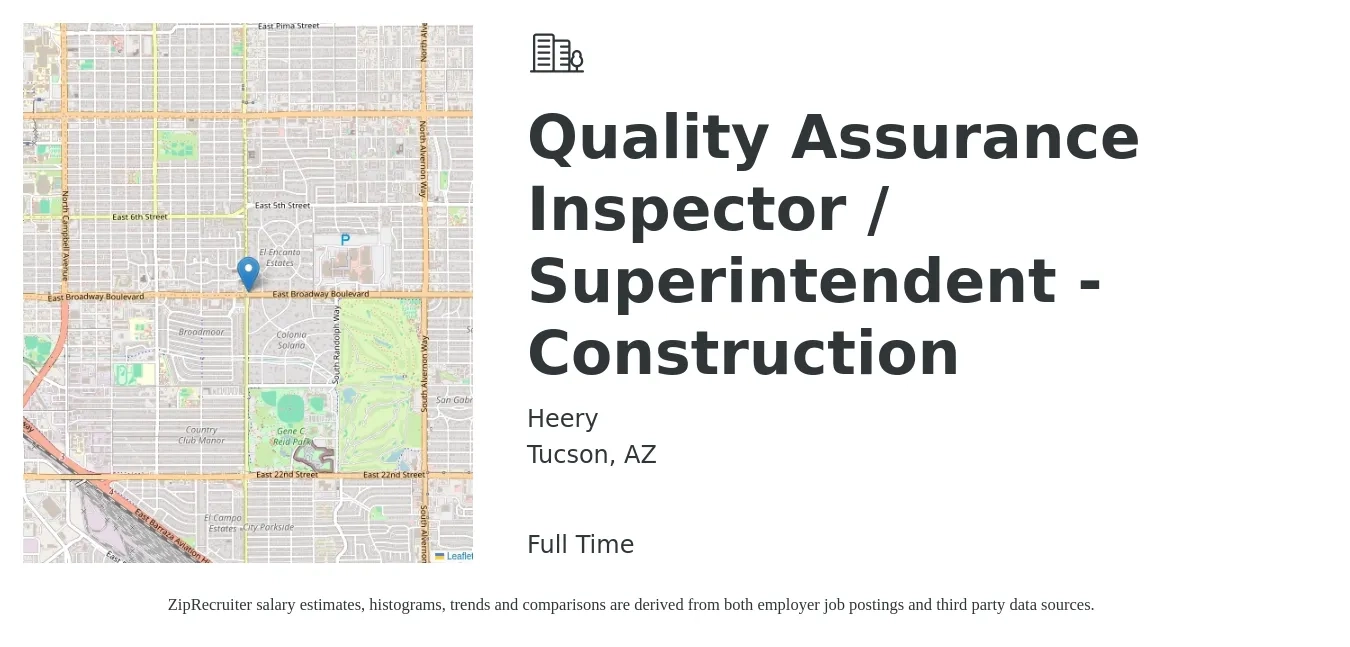Heery job posting for a Quality Assurance Inspector / Superintendent - Construction in Tucson, AZ with a salary of $17 to $25 Hourly with a map of Tucson location.