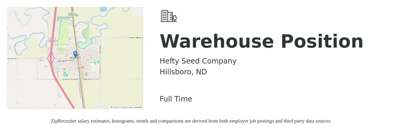 Hefty Seed Company job posting for a Warehouse Position in Hillsboro, ND with a salary of $16 to $19 Hourly with a map of Hillsboro location.
