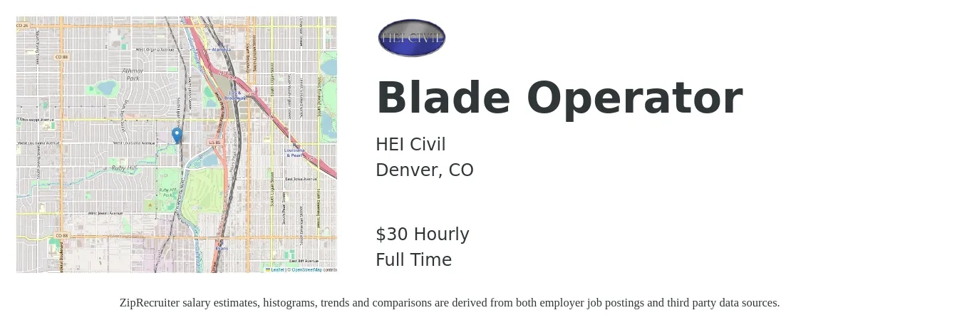 HEI Civil job posting for a Blade Operator in Denver, CO with a salary of $32 Hourly with a map of Denver location.