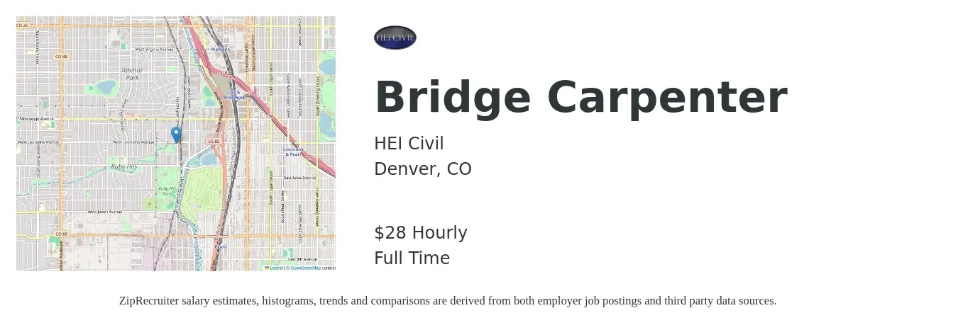 HEI Civil job posting for a Bridge Carpenter in Denver, CO with a salary of $30 Hourly with a map of Denver location.