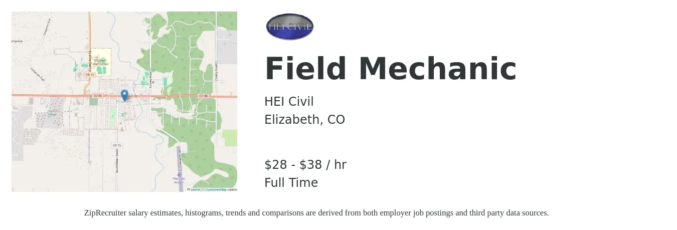HEI Civil job posting for a Field Mechanic in Elizabeth, CO with a salary of $30 to $40 Hourly with a map of Elizabeth location.