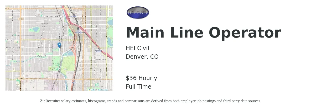 HEI Civil job posting for a Main Line Operator in Denver, CO with a salary of $38 Hourly with a map of Denver location.