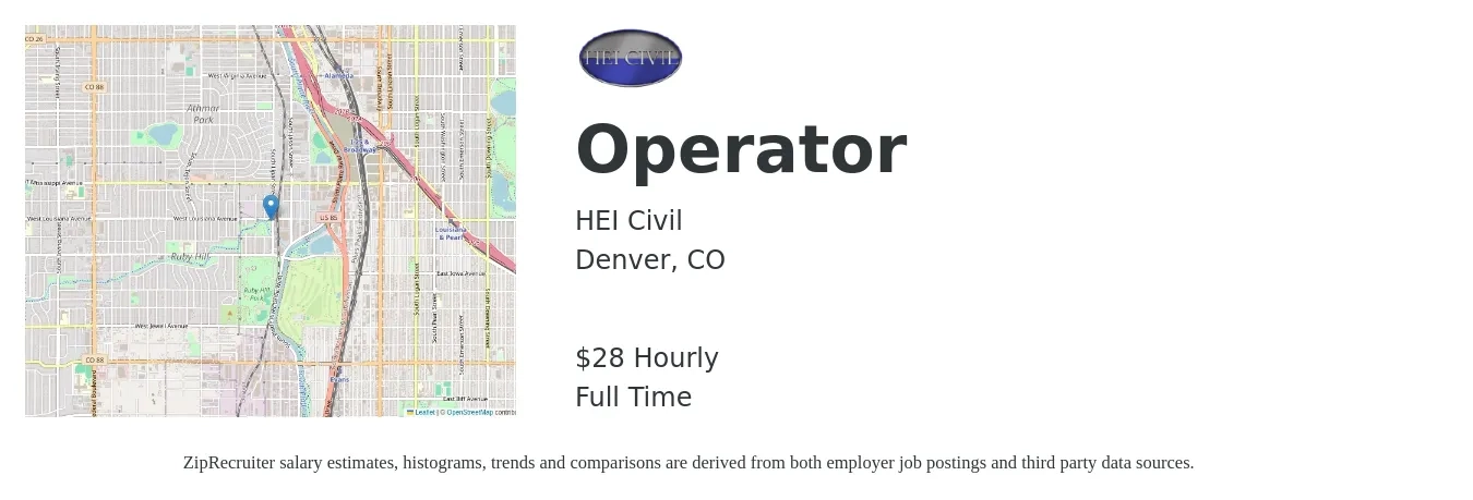 HEI Civil job posting for a Operator in Denver, CO with a salary of $30 Hourly with a map of Denver location.