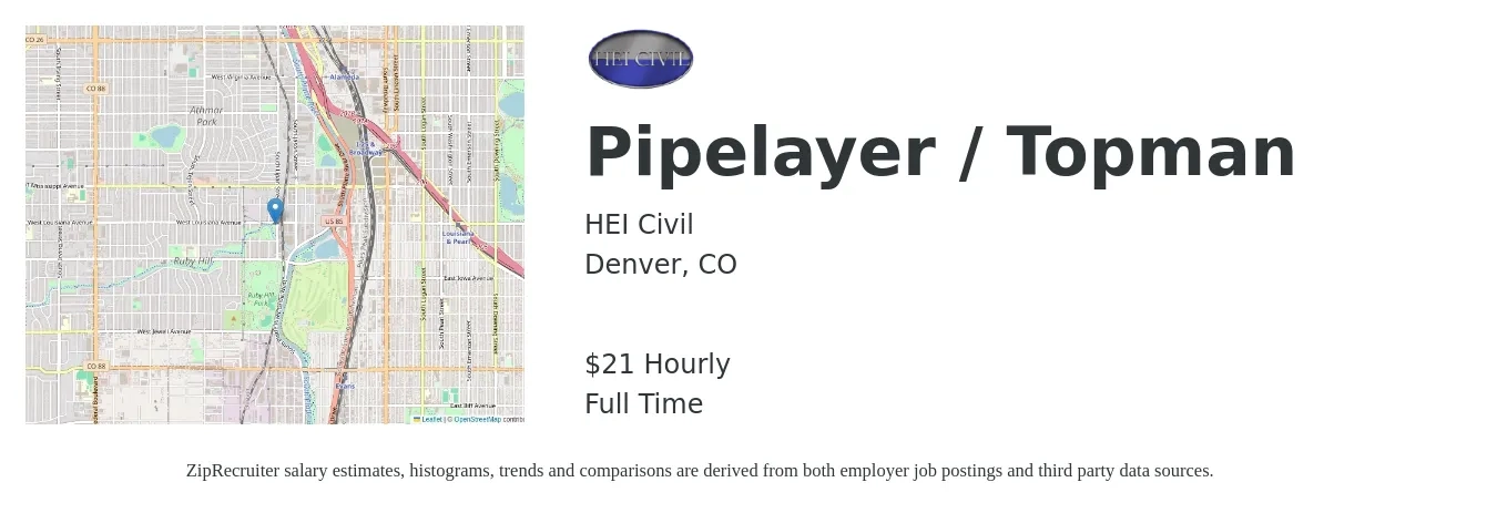 HEI Civil job posting for a Pipelayer / Topman in Denver, CO with a salary of $22 Hourly with a map of Denver location.