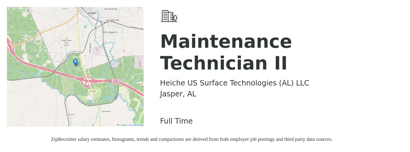 Heiche US Surface Technologies (AL) LLC job posting for a Maintenance Technician II in Jasper, AL with a salary of $17 to $24 Hourly with a map of Jasper location.