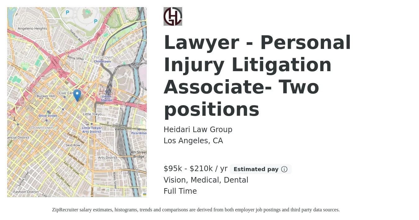 Heidari Law Group job posting for a Lawyer - Personal Injury Litigation Associate- Two positions in Los Angeles, CA with a salary of $95,000 to $210,000 Yearly (plus commission) and benefits including medical, vision, and dental with a map of Los Angeles location.