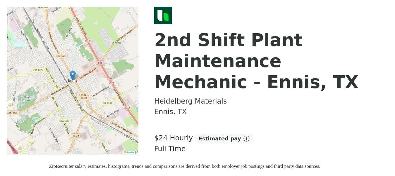 Heidelberg Materials job posting for a 2nd Shift Plant Maintenance Mechanic - Ennis, TX in Ennis, TX with a salary of $25 Hourly with a map of Ennis location.