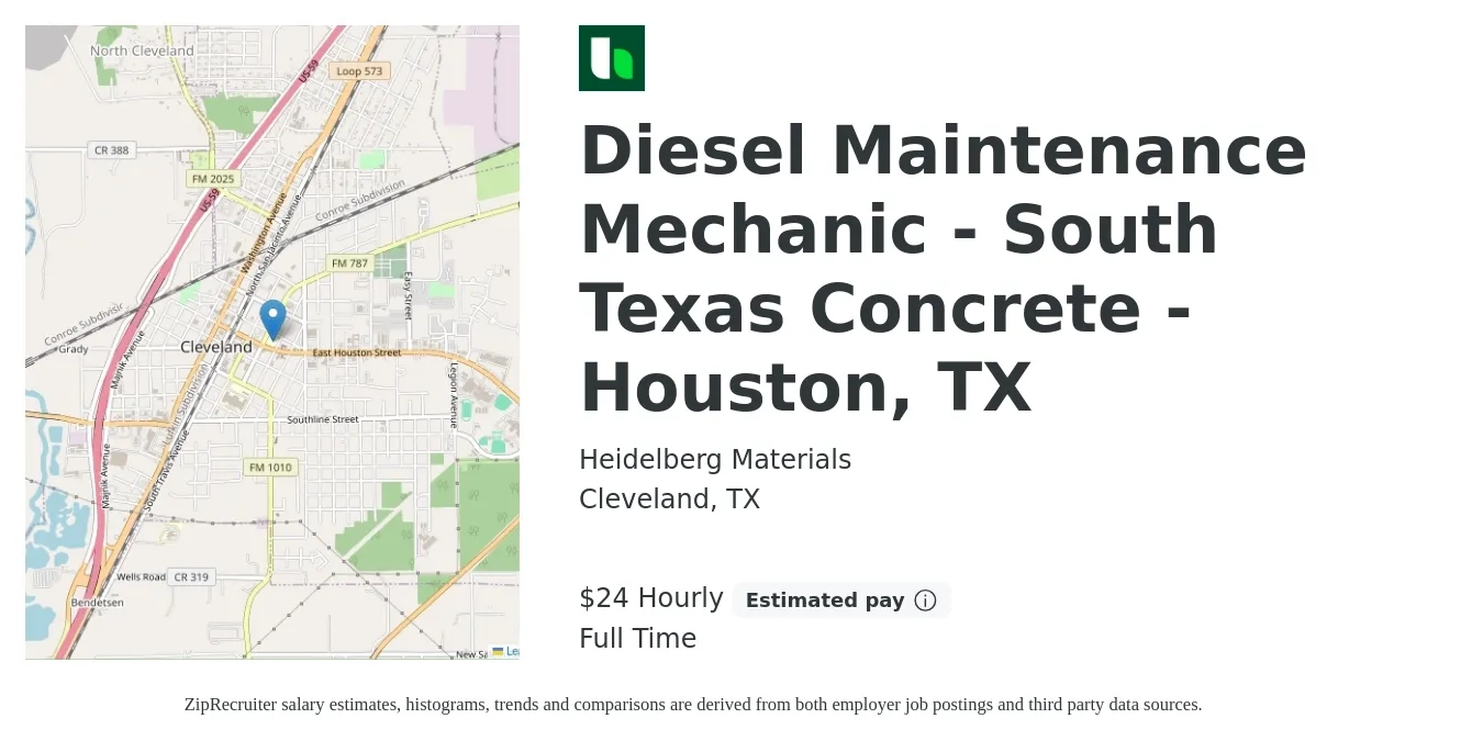 Heidelberg Materials job posting for a Diesel Maintenance Mechanic - South Texas Concrete - Houston, TX in Cleveland, TX with a salary of $25 Hourly with a map of Cleveland location.