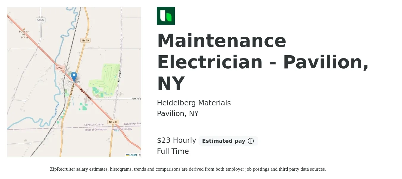 Heidelberg Materials job posting for a Maintenance Electrician - Pavilion, NY in Pavilion, NY with a salary of $24 Hourly with a map of Pavilion location.