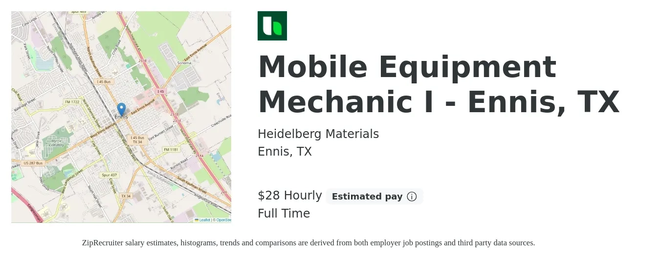 Heidelberg Materials job posting for a Mobile Equipment Mechanic I - Ennis, TX in Ennis, TX with a salary of $29 Hourly with a map of Ennis location.