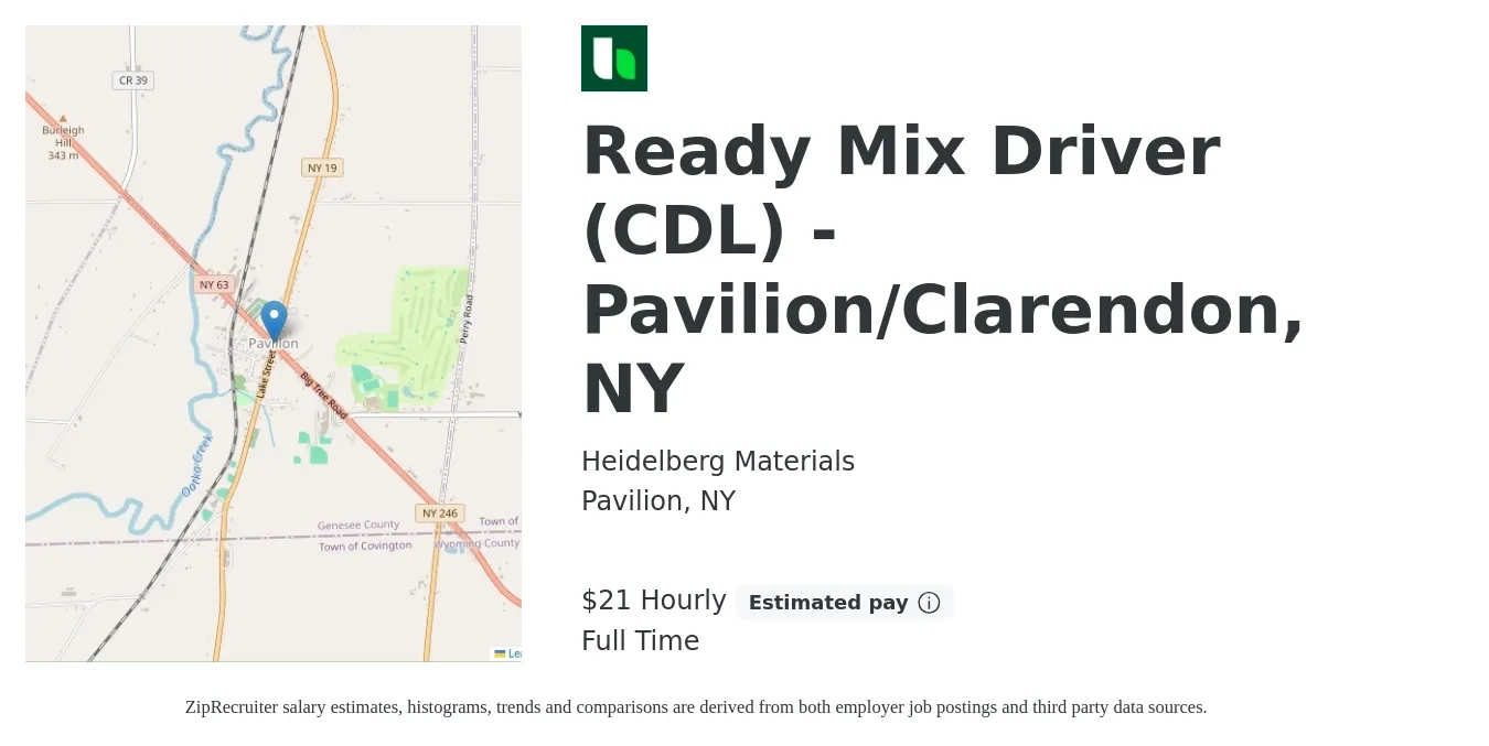 Heidelberg Materials job posting for a Ready Mix Driver (CDL) - Pavilion/Clarendon, NY in Pavilion, NY with a salary of $23 Hourly with a map of Pavilion location.