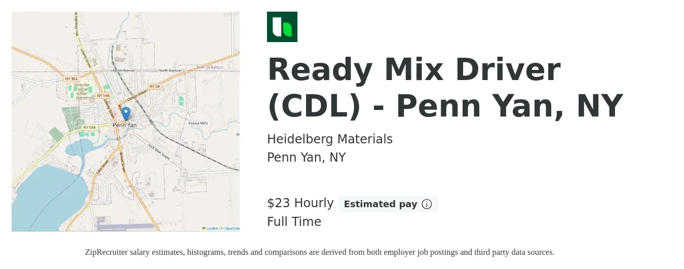 Heidelberg Materials job posting for a Ready Mix Driver (CDL) - Penn Yan, NY in Penn Yan, NY with a salary of $24 Hourly with a map of Penn Yan location.