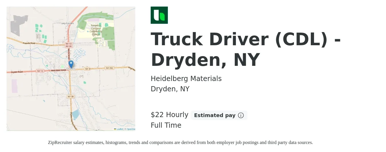 Heidelberg Materials job posting for a Truck Driver (CDL) - Dryden, NY in Dryden, NY with a salary of $23 Hourly with a map of Dryden location.