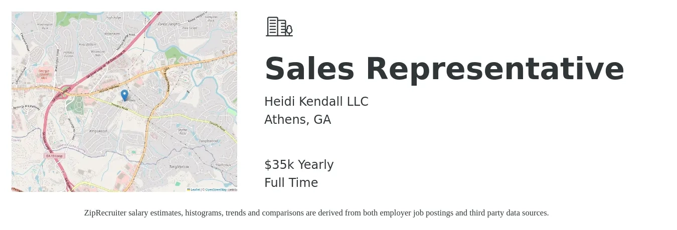 Heidi Kendall LLC job posting for a Sales Representative in Athens, GA with a salary of $35,000 Yearly with a map of Athens location.