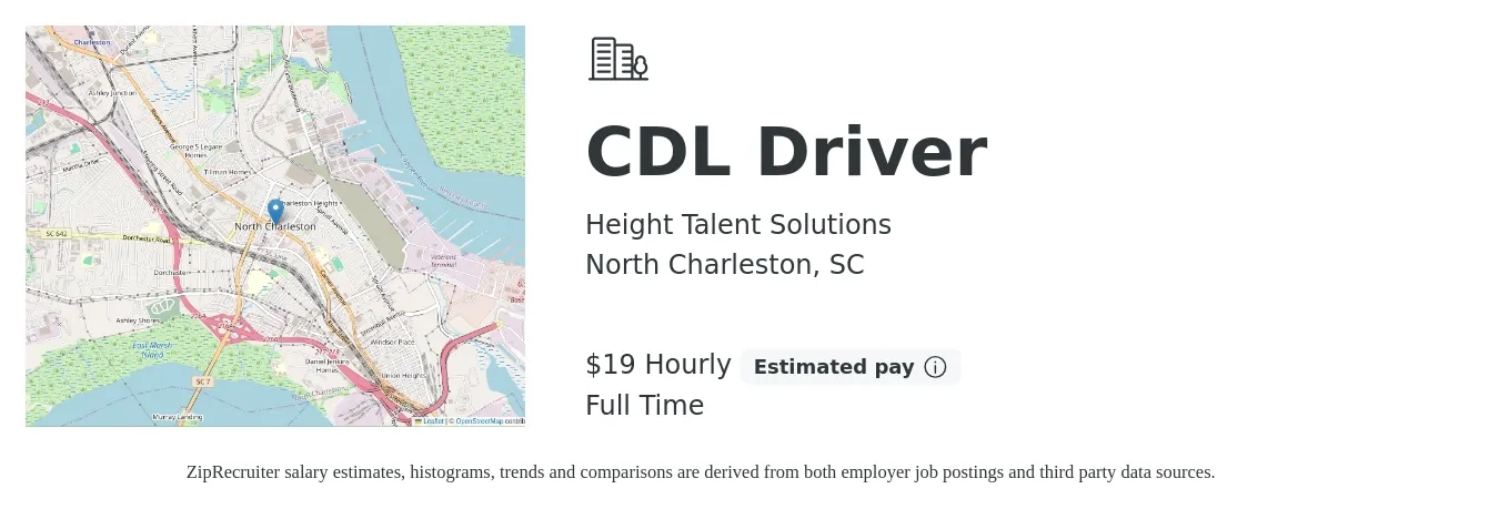 Height Talent Solutions job posting for a CDL Driver in North Charleston, SC with a salary of $20 Hourly with a map of North Charleston location.
