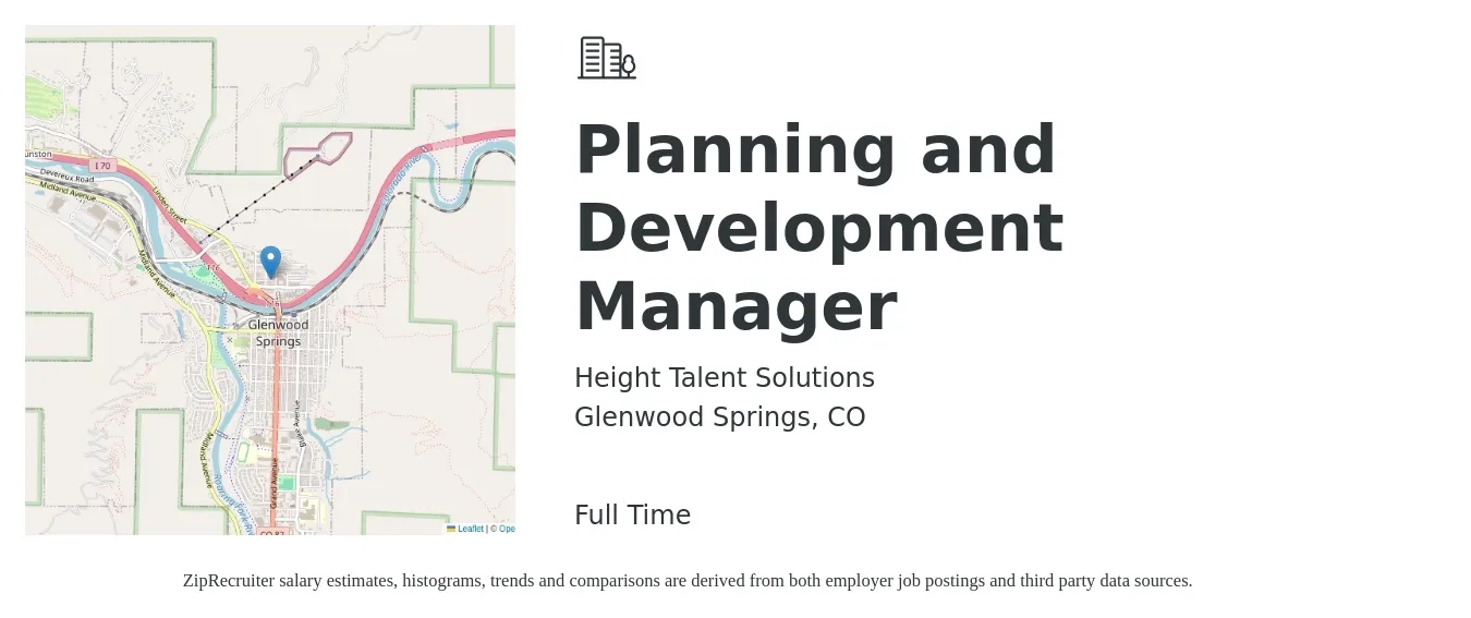 Height Talent Solutions job posting for a Planning and Development Manager in Glenwood Springs, CO with a salary of $60,800 to $94,000 Yearly with a map of Glenwood Springs location.