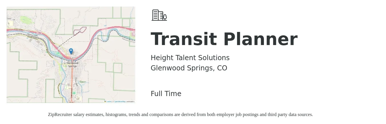 Height Talent Solutions job posting for a Transit Planner in Glenwood Springs, CO with a salary of $62,300 to $79,500 Yearly with a map of Glenwood Springs location.