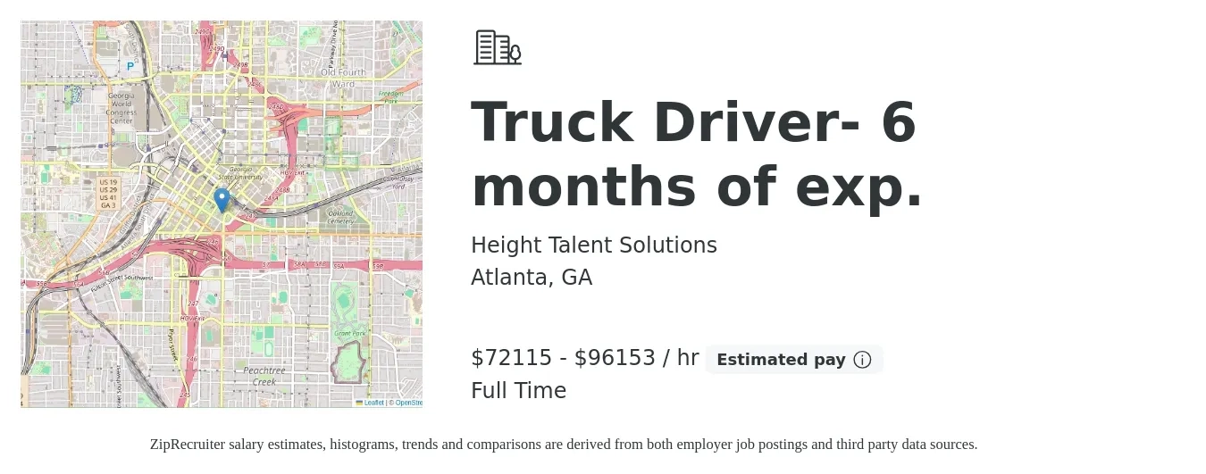 Height Talent Solutions job posting for a Truck Driver- 6 months of exp. in Atlanta, GA with a salary of $75,000 to $100,000 Hourly with a map of Atlanta location.
