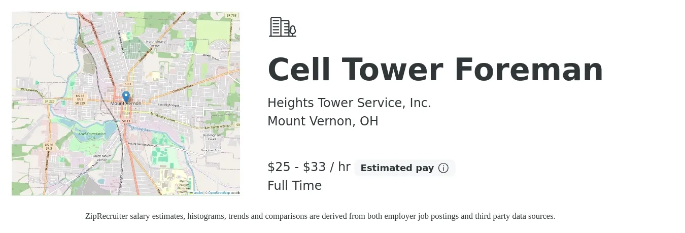 Heights Tower Service, Inc. job posting for a Cell Tower Foreman in Mount Vernon, OH with a salary of $26 to $35 Hourly with a map of Mount Vernon location.