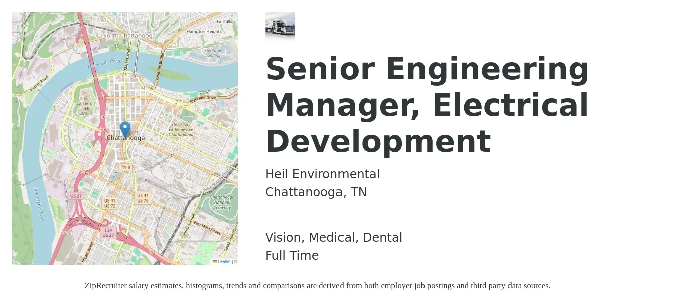 Heil Environmental job posting for a Senior Engineering Manager, Electrical Development in Chattanooga, TN with a salary of $103,300 to $148,400 Yearly and benefits including medical, retirement, vision, dental, and life_insurance with a map of Chattanooga location.