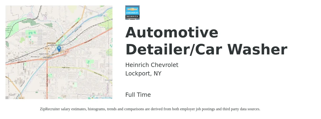 Heinrich Chevrolet job posting for a Automotive Detailer/Car Washer in Lockport, NY with a salary of $14 to $16 Hourly with a map of Lockport location.
