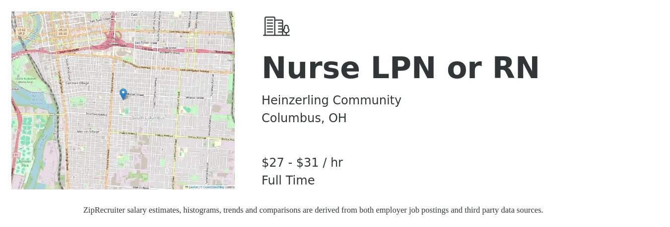 Heinzerling Community job posting for a Nurse LPN or RN in Columbus, OH with a salary of $29 to $33 Hourly with a map of Columbus location.