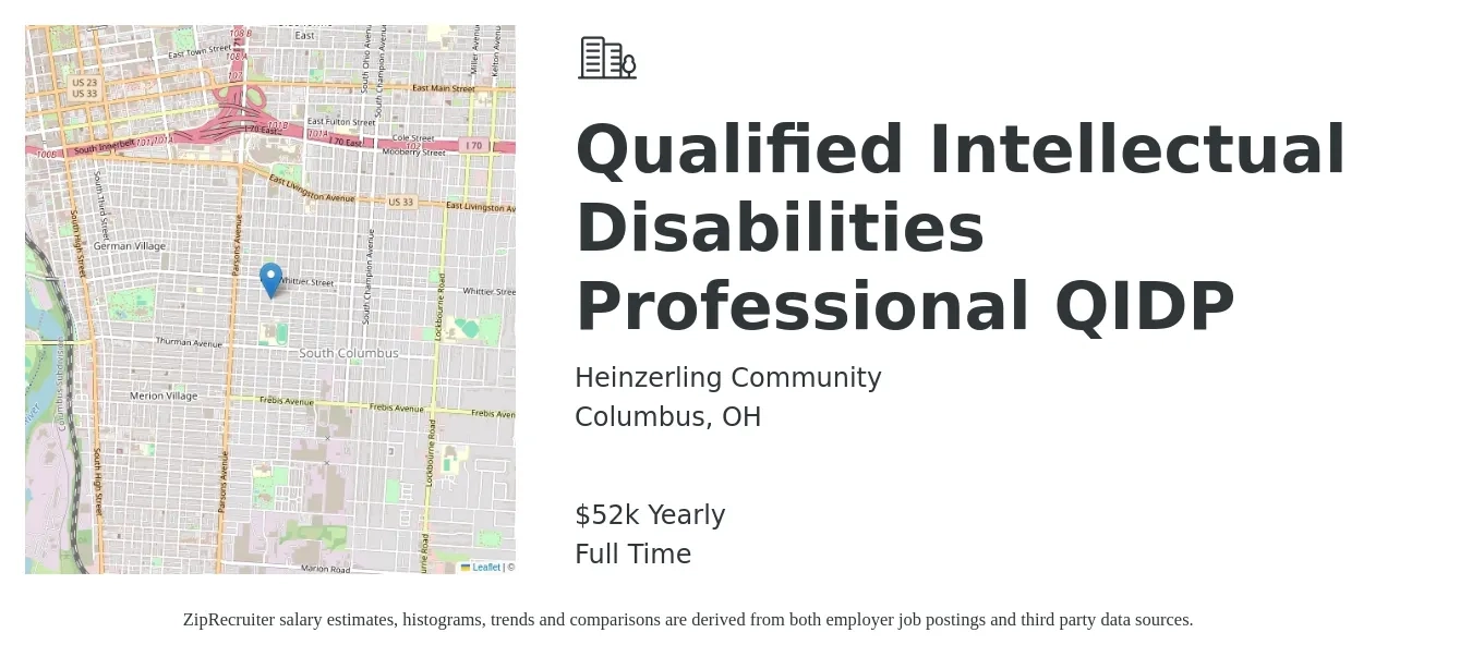 Heinzerling Community job posting for a Qualified Intellectual Disabilities Professional QIDP in Columbus, OH with a salary of $52,520 Yearly with a map of Columbus location.