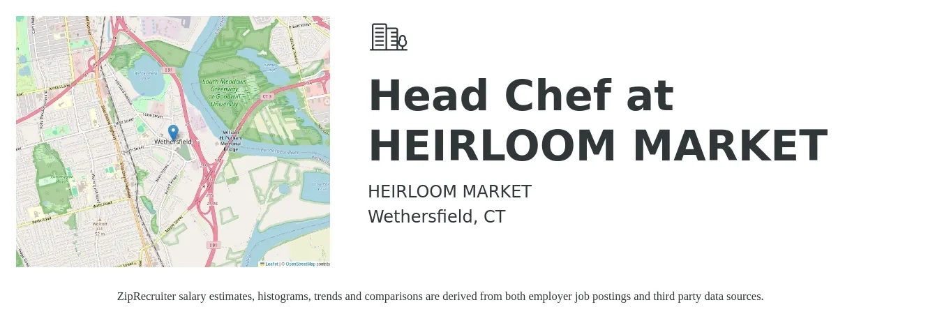 HEIRLOOM MARKET job posting for a Head Chef at HEIRLOOM MARKET in Wethersfield, CT with a salary of $50,000 to $75,000 Yearly with a map of Wethersfield location.